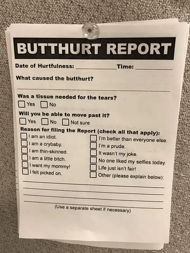 butthurt report tacked to wall 540